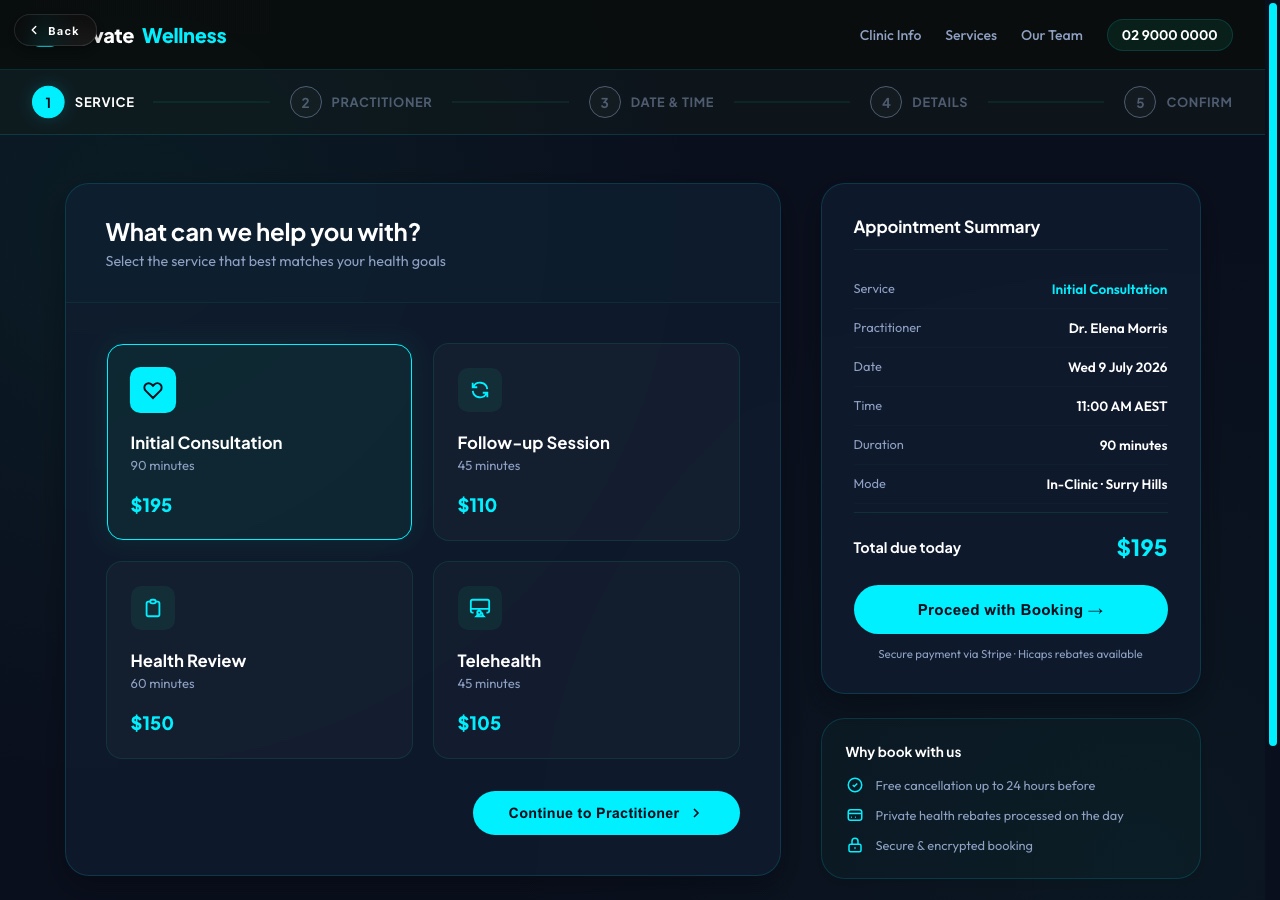 Wellness Clinic Booking Page
