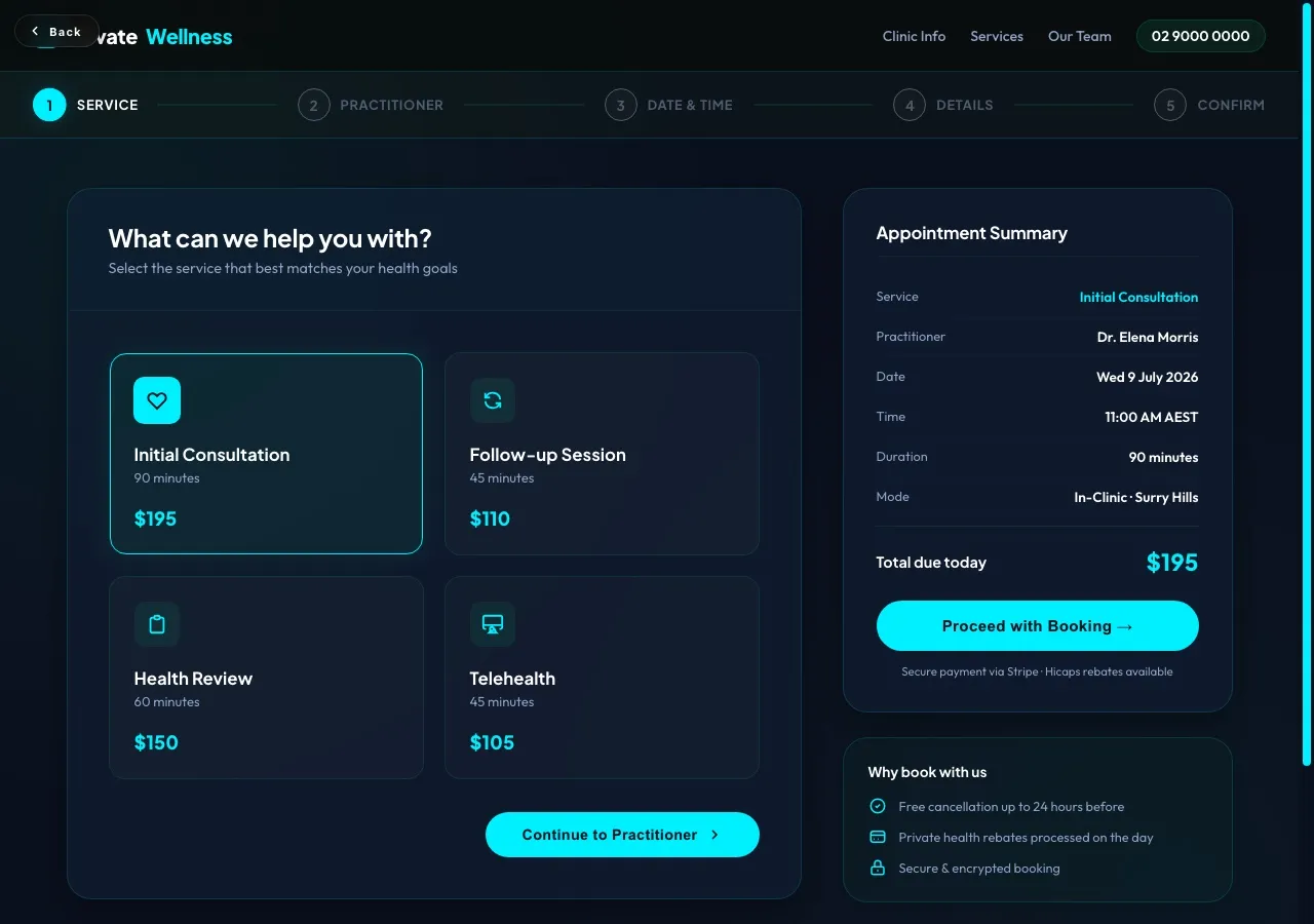 Wellness Clinic Booking Page concept