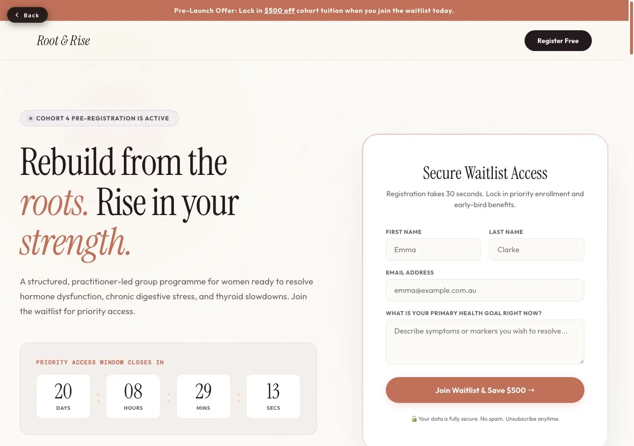 Cohort Launch and Waitlist Page concept